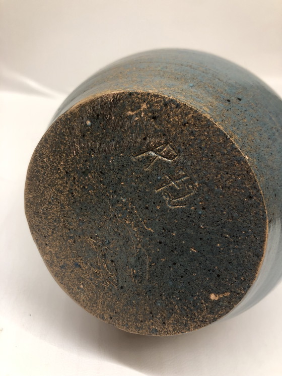 Image 1 of Vintage Blue Ceramic Vase Signed AP