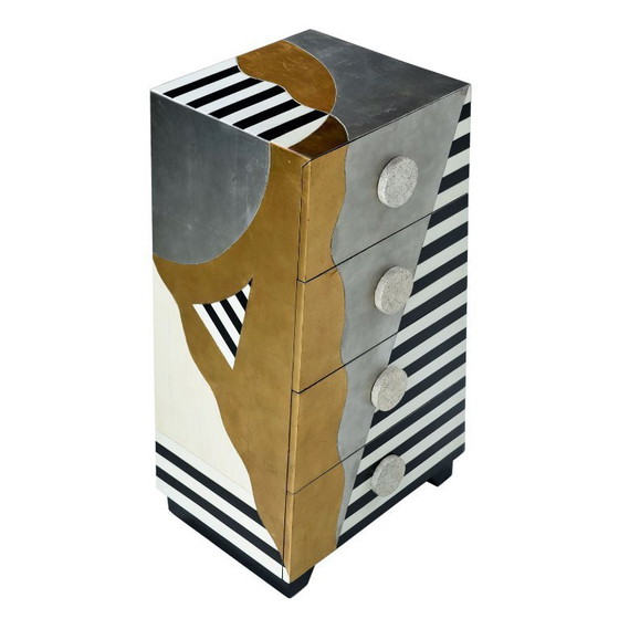 Image 1 of Lam Lee Memphis stijl piramide ladekast in zilver en goudfolie