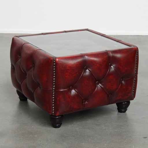 Table d'appoint chesterfield en cuir de boeuf rouge avec plateau en verre