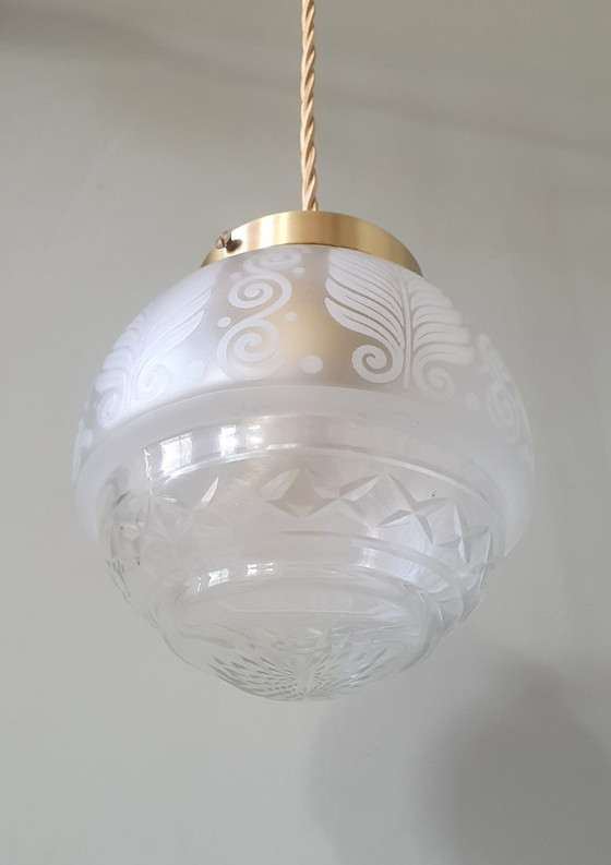 Vintage Bollamp / Hanglamp - Geslepen Glas (Ge-etst) Met Frosted Decoratie – Hanglampen, Metal (photo 4 of 15)