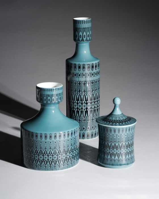 Image 1 of Trío gráfico turquesa Rosenthal Studio-Line Diseño de Theo Baumann Jarrones y caja