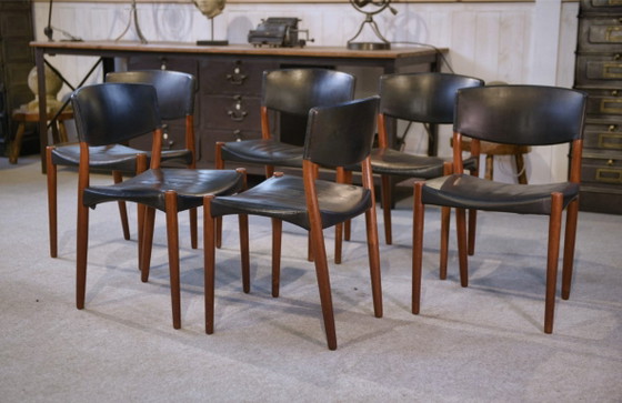 Image 1 of Ensemble de 6 chaises Ejner Larsen et A. Bender Madsen pour Willy Beck design scandinave en cuir et palissandre 1960's