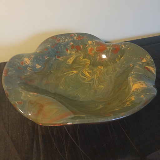 Bol de cerámica vintage de mediados de siglo – Esmalte jaspeado – Firmado Lesauy