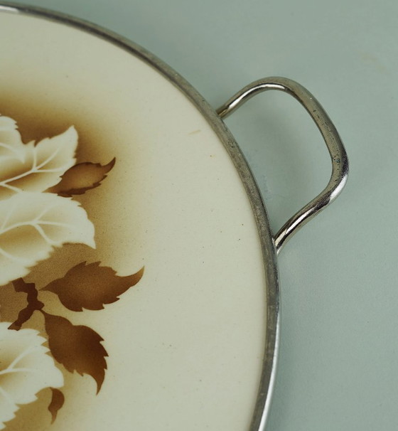 Image 1 of art nouveau art déco CAKE PLATTER cake plate ceramic and metal plum decor