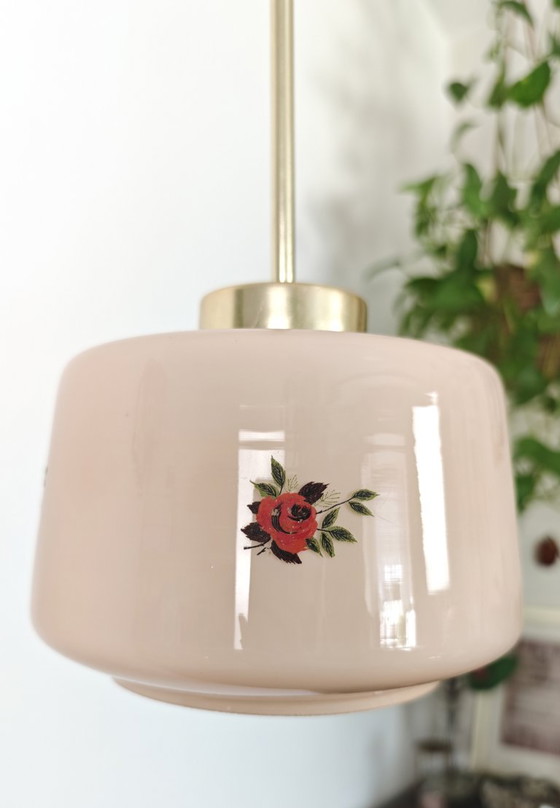 Vintage Pink Glass Pendant Light with Rose Floral Pattern & Brass Details, Pendant lamps, Metal (photo 8 of 9)