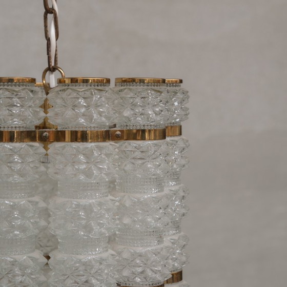 Image 1 of Swedish Mid-Century Brass and Glass Chandelier by Orrefors for Tyringe