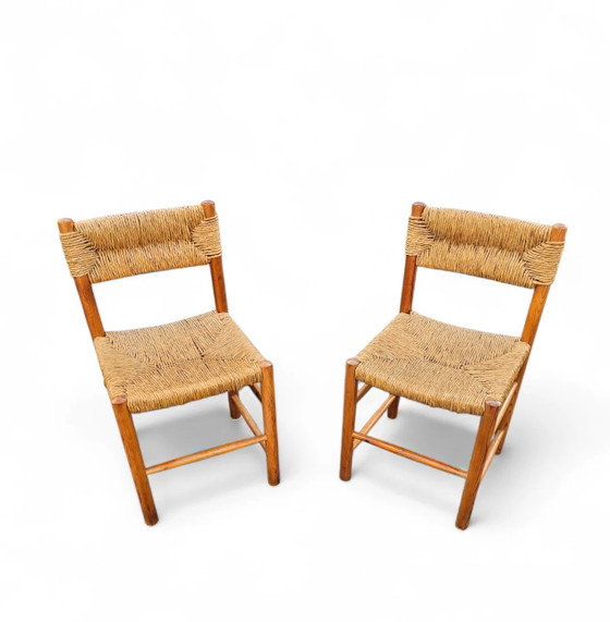 2 x pine wood woven reed dining chairs / France 1950s (photo 3 of 40)