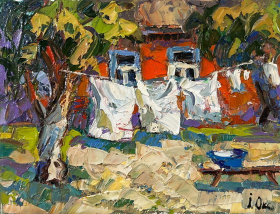 Image 1 of Original Oil Painting Summer Village Landscape Clothes are drying