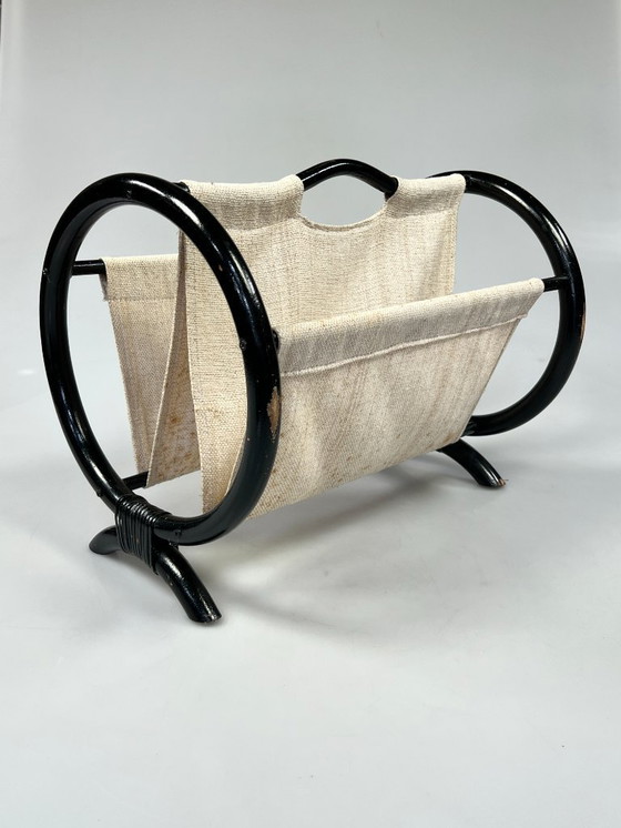 Image 1 of Leggio rotondo vintage / portariviste, rattan nero, anni '70
