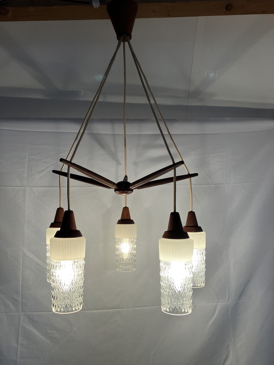 Image 1 of Vintage Scandinavian teak pendant lamp with 5 glass shades