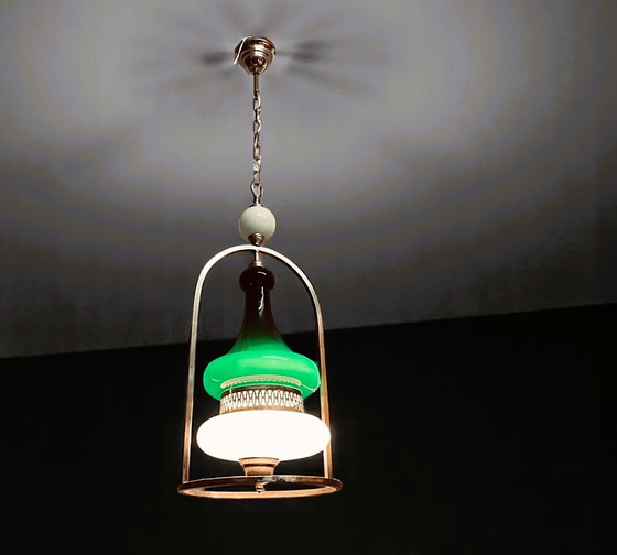 Image 1 of Portuguese Mid Century Modern Green Opaline Milk Glass Chandelier for High Ceilings, 1940s-50s