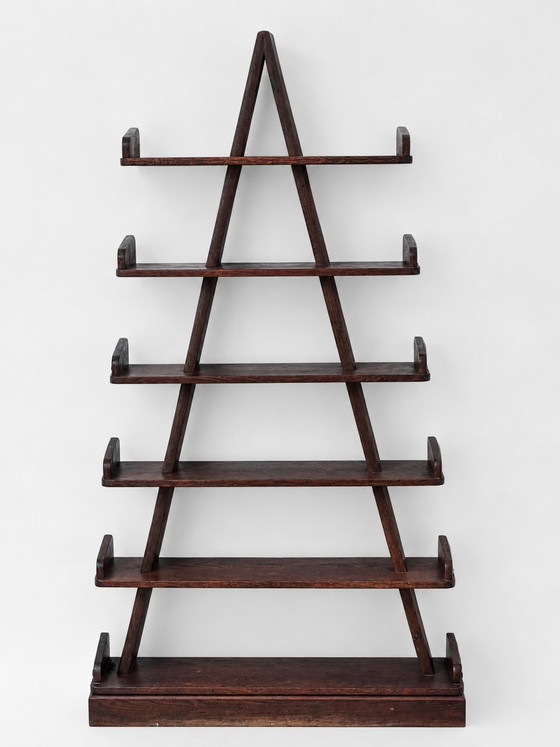 Image 1 of Vintage Brutalist oak pyramid bookcase / wall rack – Netherlands, 1970s