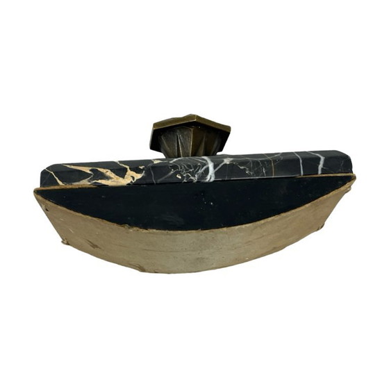 Image 1 of Art Deco Executive Desk Set: Letter Holder and Blotter – Portoro Marble and Brass – 1930s