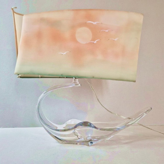 Image 1 of Vintage tafellamp uit de jaren 70 met kristallen kom, reiger en lampenkap.