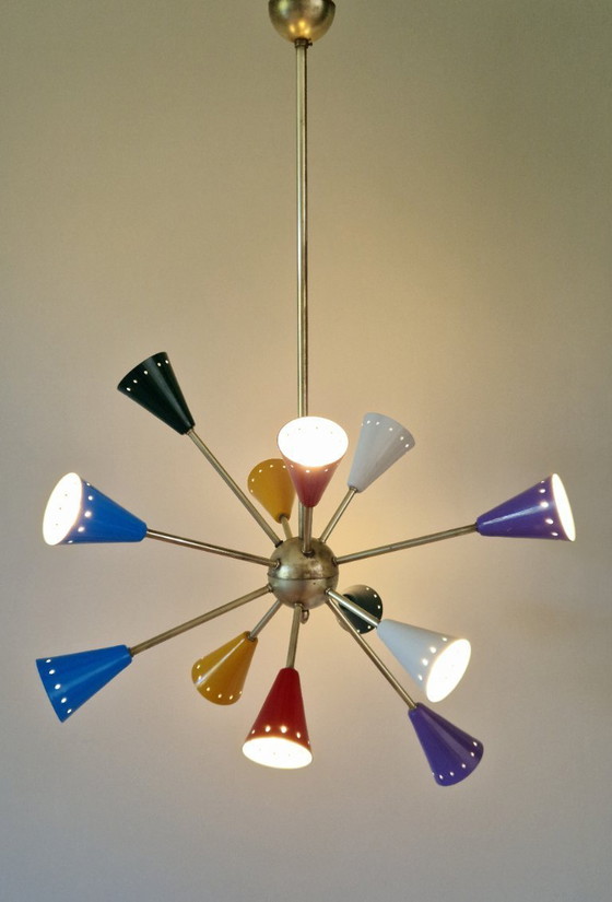 Image 1 of Vintage Stilnovo Sputnik chandelier, Italian mid-century style, brass