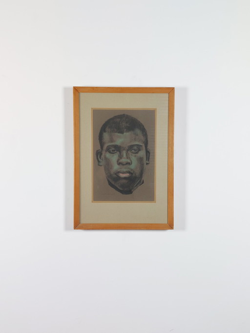 Vintage pastelschilderij, portret, passe-partout, John C. Bullen, 1988