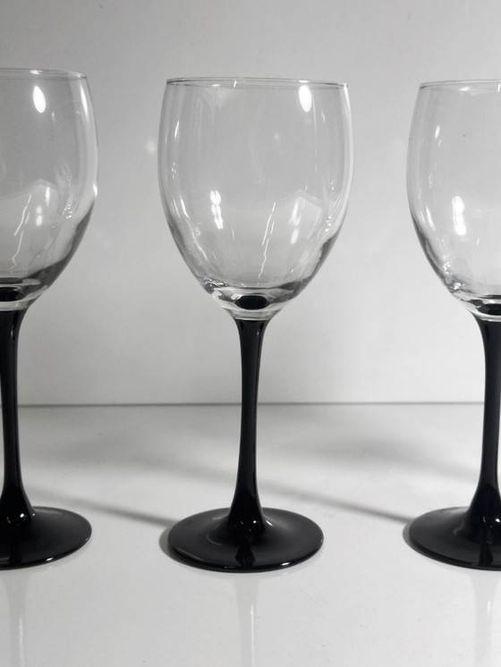 Image 1 of 4x Vintage Luminarc Wine Glasses 80s Black Goblet Chalice Art Deco Revival