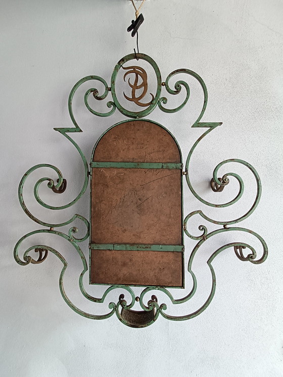 Image 1 of French wrought iron wall mirror coat rack, 1930s–40s, large decorative entry piece