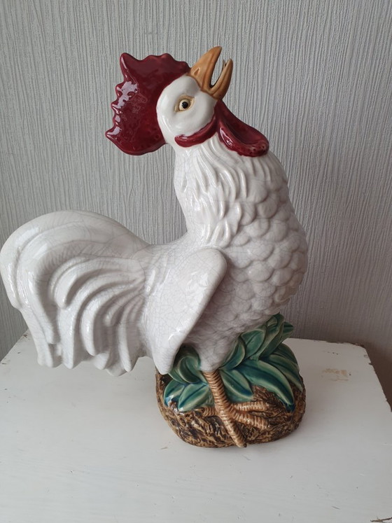 Image 1 of Grand coq vintage en céramique – glaçure craquelée – 47 cm