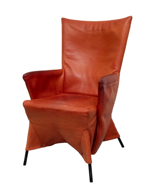 Gerard van der Berg fauteuil met oranje leren rok, jaren 80 – Leather, Dutch Design Style