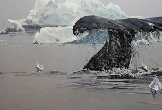 Origineel olieverfschilderij, hedendaagse kunst: zee, ijsberg, walvis zonder roeispanen (photo 4 of 7)