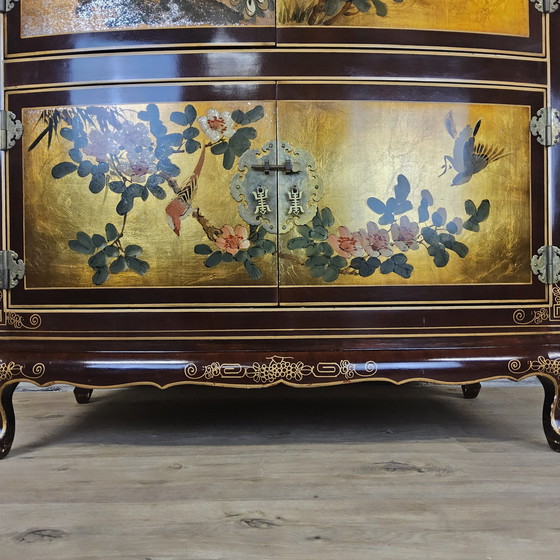 Image 1 of Vintage Chinese cabinet gold leaf flowers and peacocks and birds / oriental cabinet / bohemian cabinet / Asian cabinet