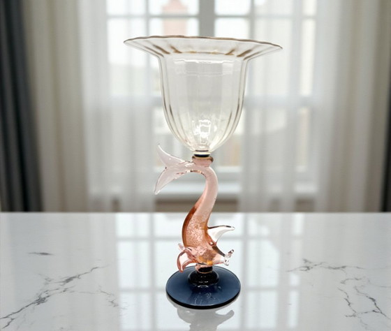Image 1 of Murano - Artistic chalice - Blown glass with pink dolphin stem and blue base, signed