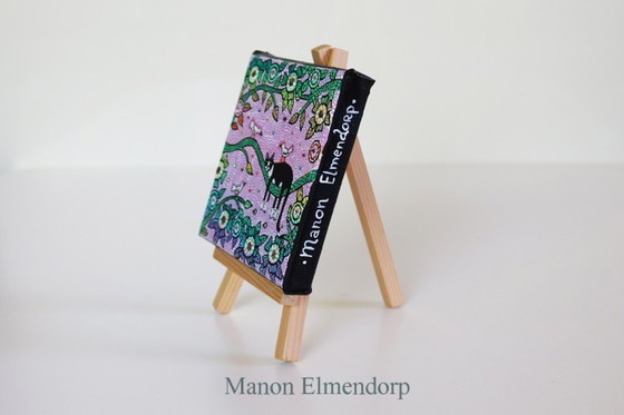 Image 1 of Cuadro único pintado a mano con burro, gato y pájaros