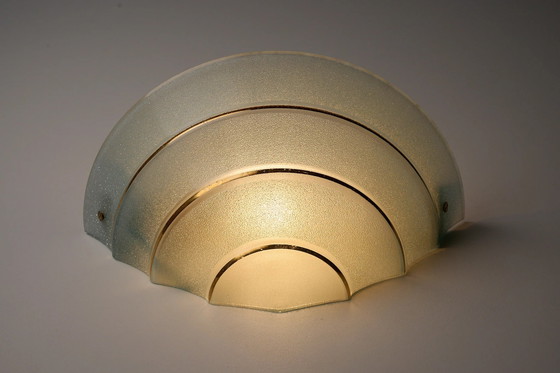 Mid-Century Blue Glass Shell Wall Sconce with Gold Stripes, Wall lights, Brass, Mid Century Modern (photo 8 of 8)