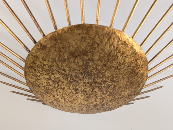 Image 1 of Sunburst Pendant Lamp Hammered Gilt, Neoclassical Style 1970s