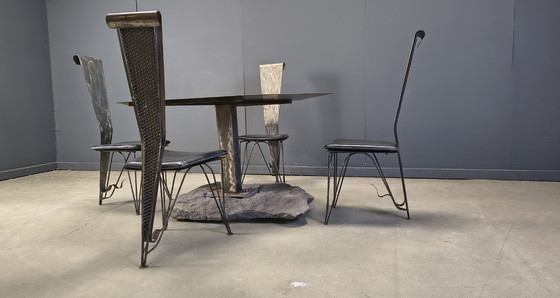 Image 1 of Handgemaakte eethoek van staal en steen, jaren 70 - vintage eethoek - handgemaakte eethoek - postmoderne eettafel en stoelen