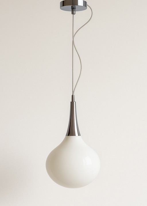 Rietveld Pendant Lamp – teardrop-shaped pendant lamp white glass & chrome – excellent condition (2009)