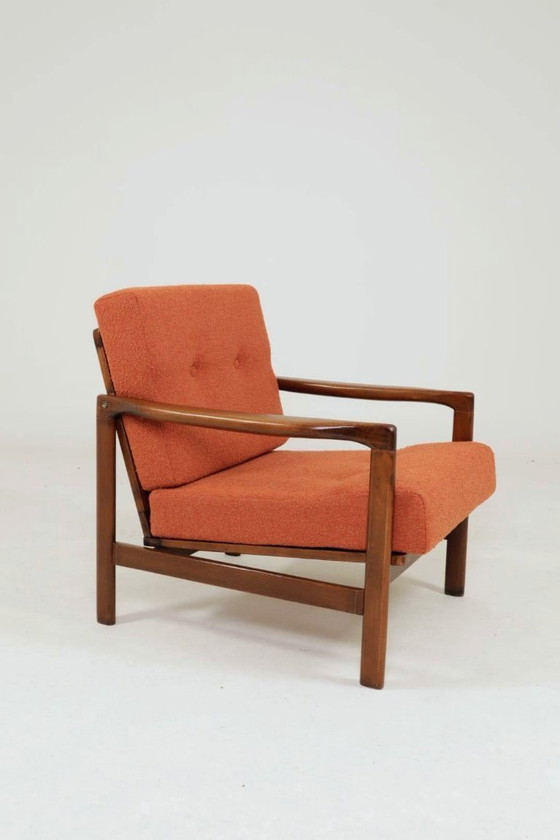Image 1 of Poltrona vintage con cuscini arancioni papaya, design classico, poltrona lounge MCM, 1960, Polonia