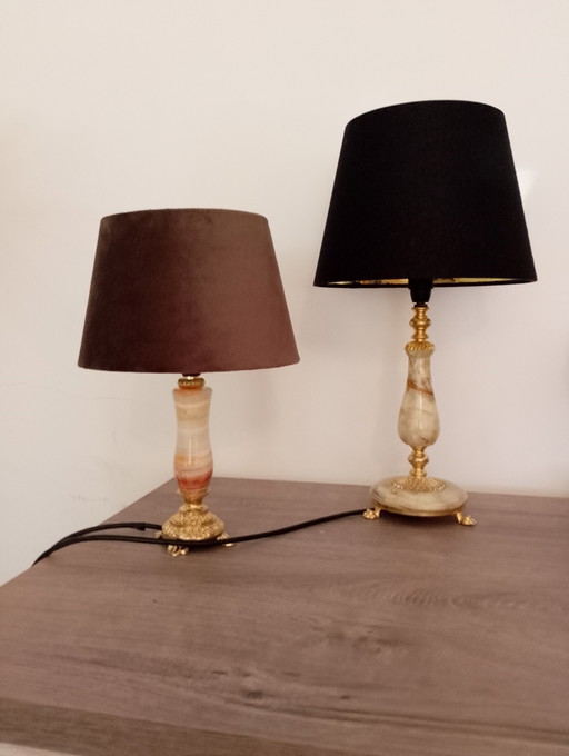 Set of 2 vintage neo-classical style bronze and onyx lamps, fully restored