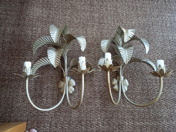 Image 1 of Pair Of Wall Sconces Xxe Palm Exotic Hollywood Regency