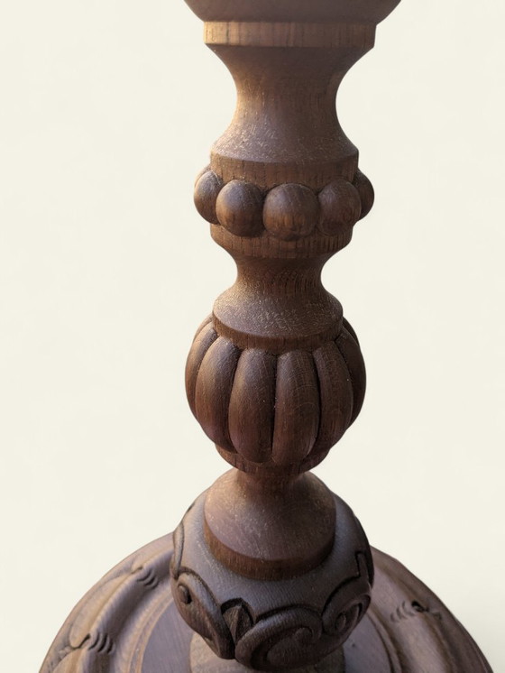 Image 1 of Rareté ! Jardinière vintage en bois foncé tourné à la main, style milieu du siècle/ferme, support pour plantes, jamais utilisé.