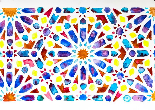 Original watercolor painting of an Arabic tile. Arabic tile painting. Geometric painting. New.