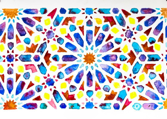 Image 1 of Aquarelle originale représentant une faïence arabe. Peinture géométrique. Neuve.