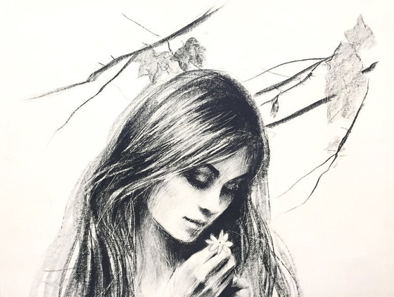 Image 1 of Monochrome Lithograph Drawing Nude Woman with Flower by Sandu Liberman 1971 Art