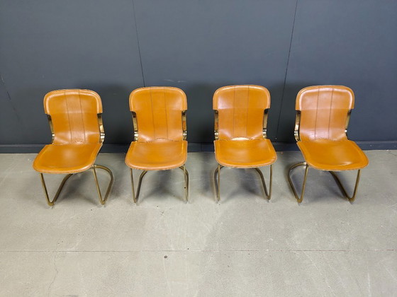 Image 1 of Vintage brass and cognac leather dining chairs by Willy Rizzo for cidue set of 4, 1970s