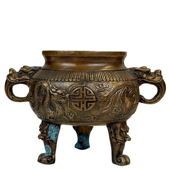 Quemador de Incienso Chino con Dragón, Fénix y Perro Fu – Estilo Xuande – Siglo XX – Objetos decorativos (photo 2 of 11)