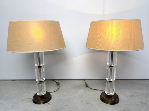 Paar messing en lucite tafellampen, jaren 80