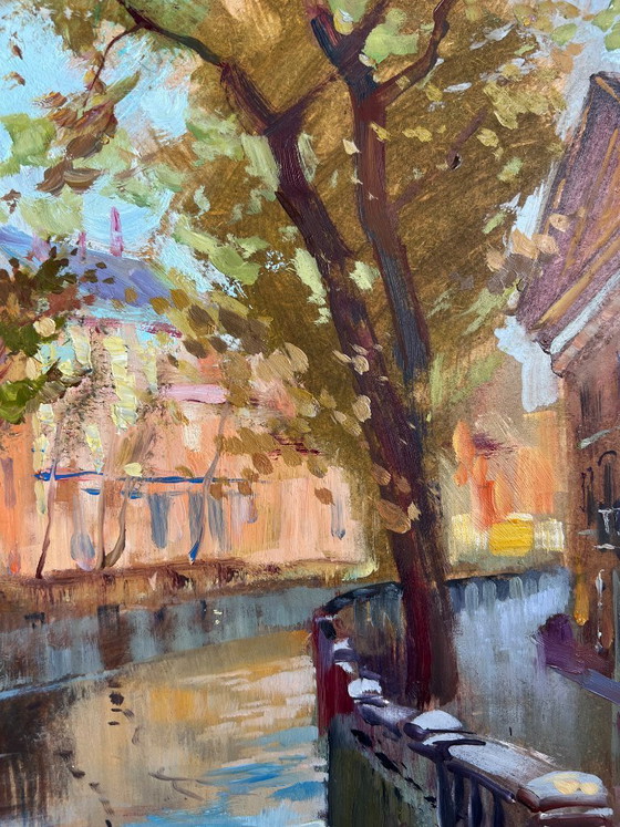 Image 1 of Original Oil Painting City River Landscape City alley with a river