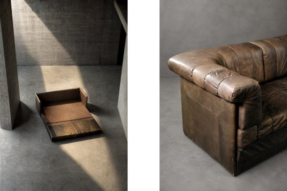 Image 1 of Vintage Duitse brutalistische tweezitsbank in mid-century modern stijl, bruin leer, jaren 70
