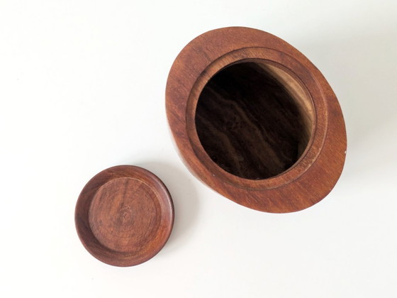 Image 1 of Midcentury Teak Coffee Canister with Brass Inlay Letters, Danish Modern Wooden Storage Jar