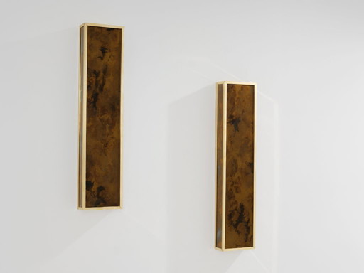 Maison Jansen pair of brass and decorative glass wall lights 1970