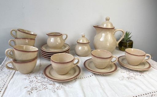 Gespikkeld Steengoed Koffieservies Tulowice Stijl Mid Century 20e eeuw