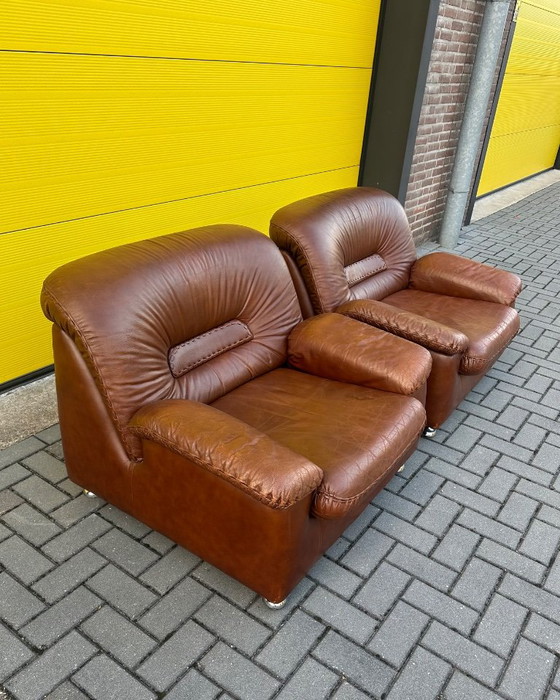 Vintage brown leather Danish lace Armchairs 70s (photo 5 of 21)