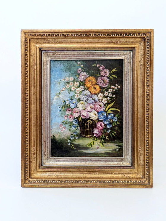 Image 1 of Peinture à l'huile florale ancienne sur toile dans un cadre doré orné, signée par l'artiste
