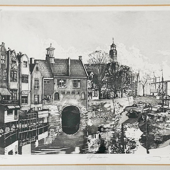 Image 1 of Jan van Rijsewijk ha firmato l'incisione "Porto di Delft" degli anni '60